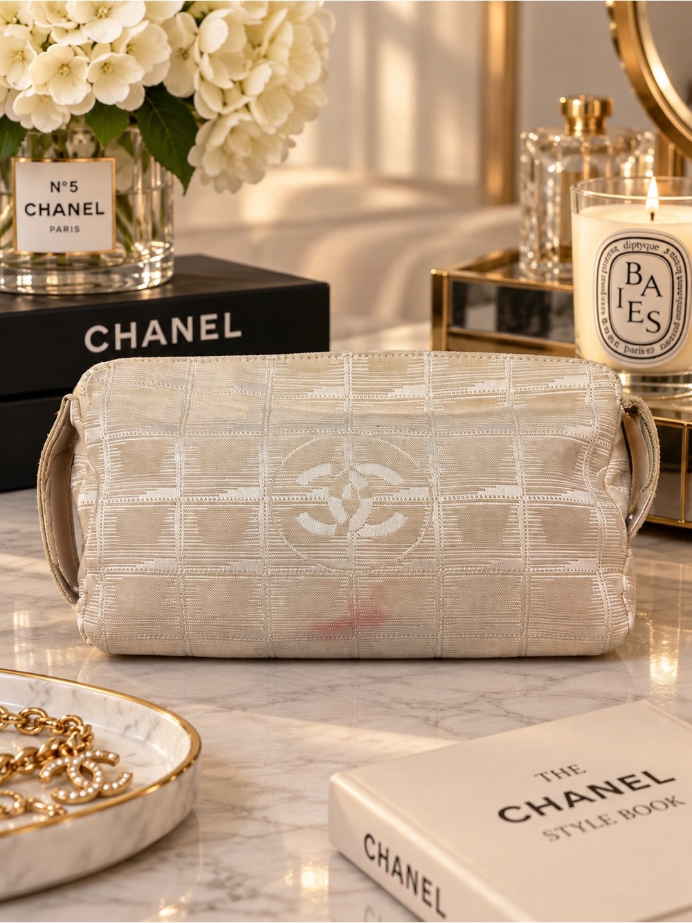 Authentic Chanel Beige Travel Line Canvas Pochette Pouch + COA